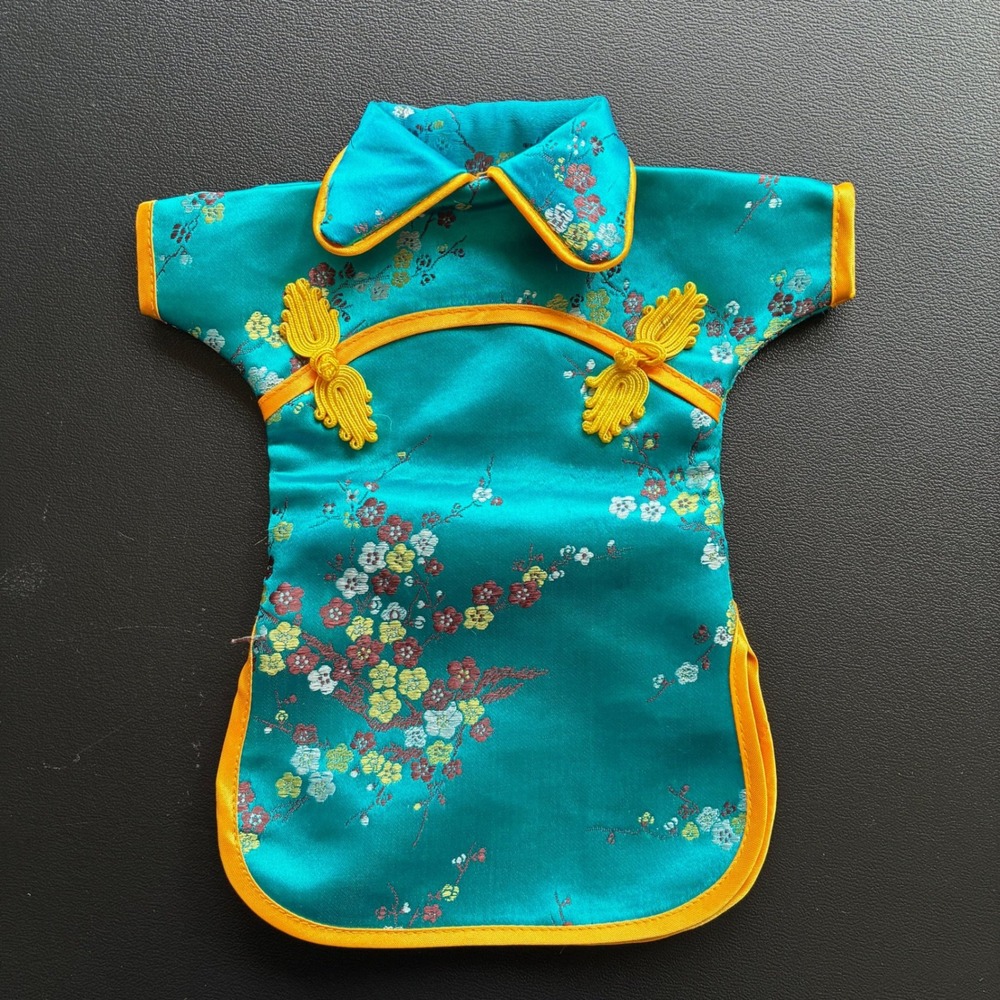 Teal Blue Floral Brocade Miniature Cheongsam Qipao Wine Bottle Cover Decor